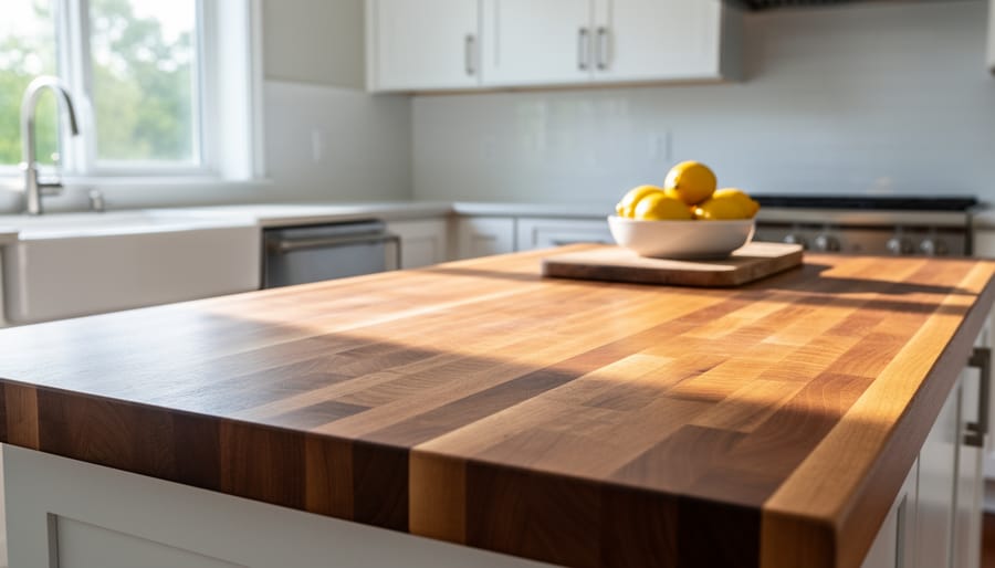 Butcher block countertops on a kitchen island with visible wood grain in warm natural light
