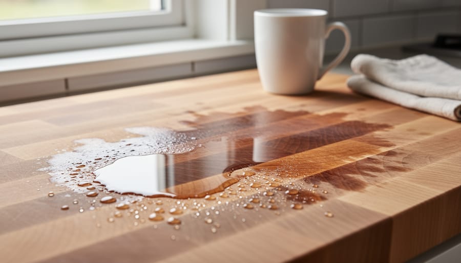Water droplets and a small damp spot on a butcher block countertop near a kitchen sink