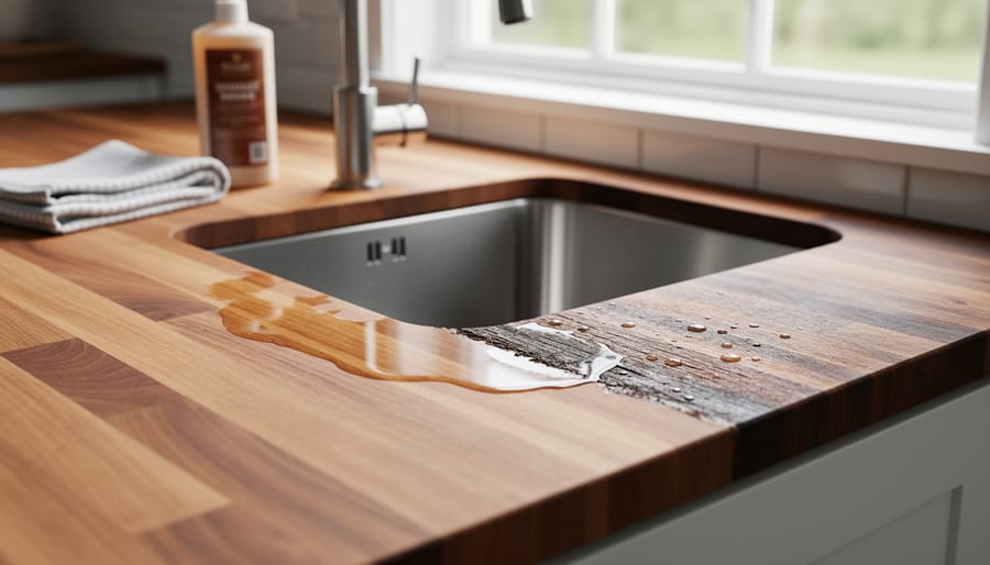 Butcher block countertop surface near a sink showing dampness and moisture-related discoloration around a cutting area