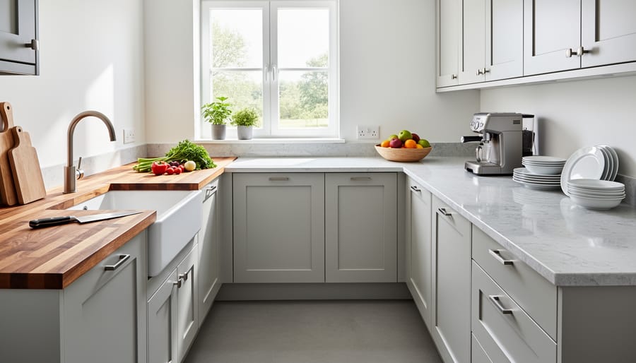 Overhead view of kitchen countertop showing butcher block wood and marble stone surfaces meeting