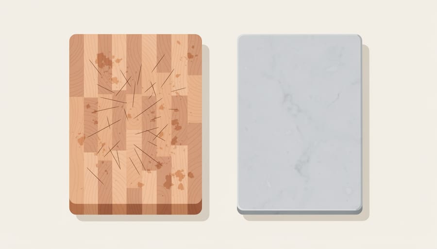 Close view comparing a scratched butcher block texture with a cleaner natural stone countertop surface