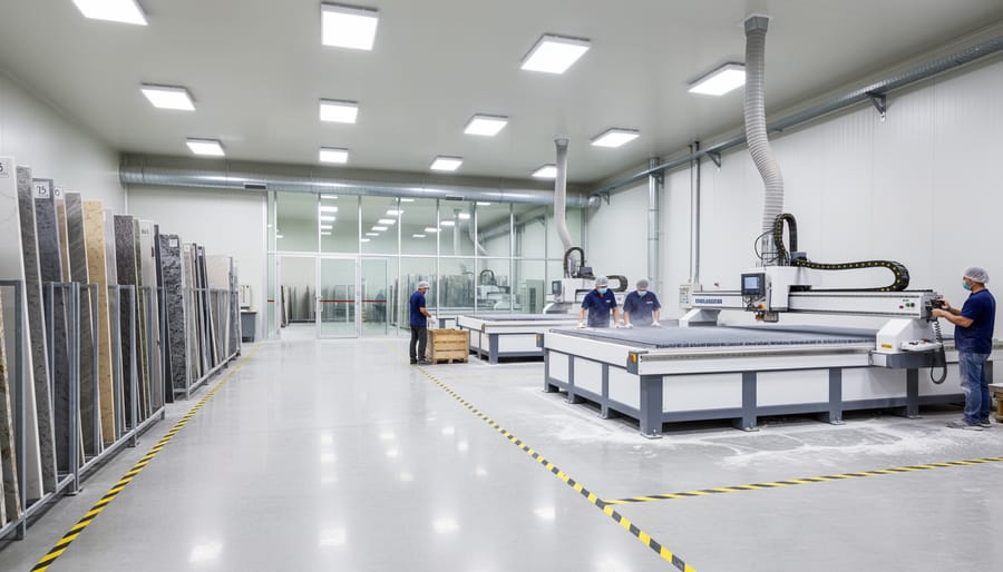 Clean organized stone fabrication workshop with modern CNC equipment