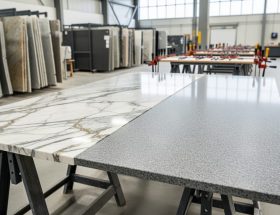 Two natural stone slabs—one veined marble and one uniform granite—positioned edge-to-edge on sawhorses in a fabrication shop, emphasizing the seam and vein matching, with blurred racks of various slab sizes and tools in soft daylight.
