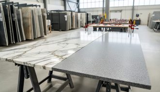 Two natural stone slabs—one veined marble and one uniform granite—positioned edge-to-edge on sawhorses in a fabrication shop, emphasizing the seam and vein matching, with blurred racks of various slab sizes and tools in soft daylight.