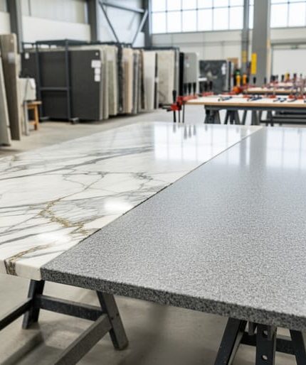 Two natural stone slabs—one veined marble and one uniform granite—positioned edge-to-edge on sawhorses in a fabrication shop, emphasizing the seam and vein matching, with blurred racks of various slab sizes and tools in soft daylight.