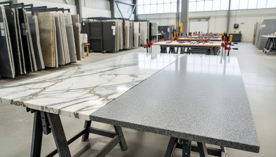 Two natural stone slabs—one veined marble and one uniform granite—positioned edge-to-edge on sawhorses in a fabrication shop, emphasizing the seam and vein matching, with blurred racks of various slab sizes and tools in soft daylight.