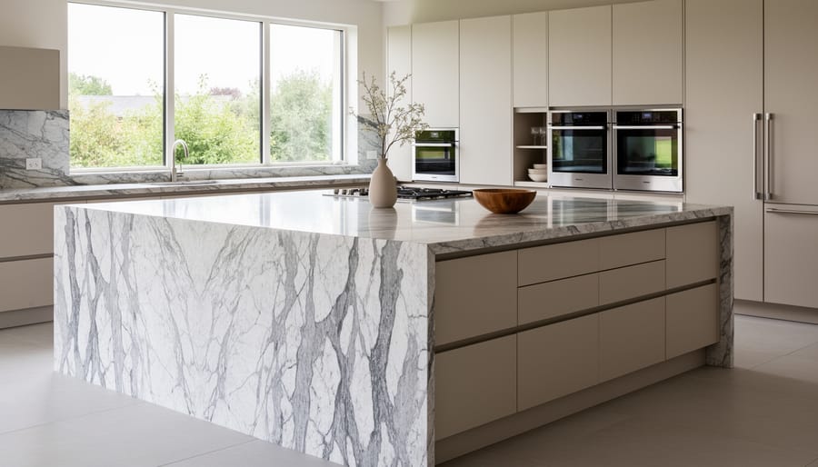 Kitchen island with seamless waterfall edge created from jumbo stone slab