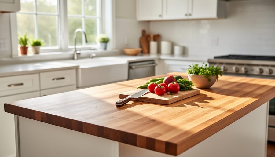 Butcher block countertop in a modern kitchen with a knife and cutting board