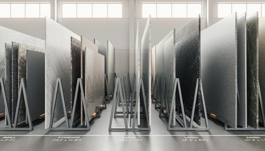 Three natural stone slabs of varying sizes displayed in fabrication showroom