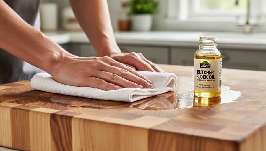 Close-up of an oiled butcher block countertop surface with visible wood grain
