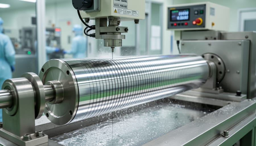 Diamond wire saw cutting silicon ingot in semiconductor manufacturing facility