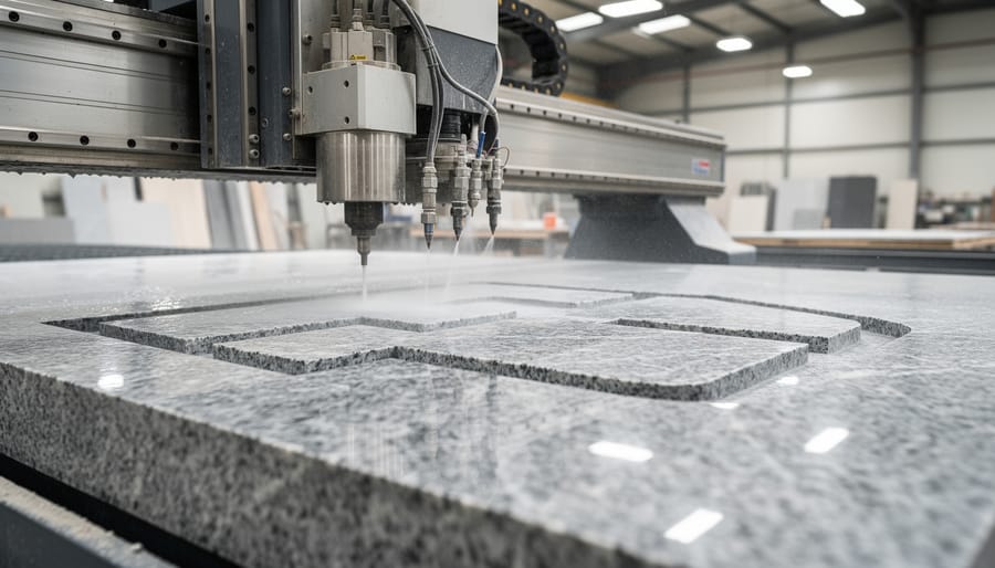 CNC waterjet machine precisely cutting marble slab in fabrication facility