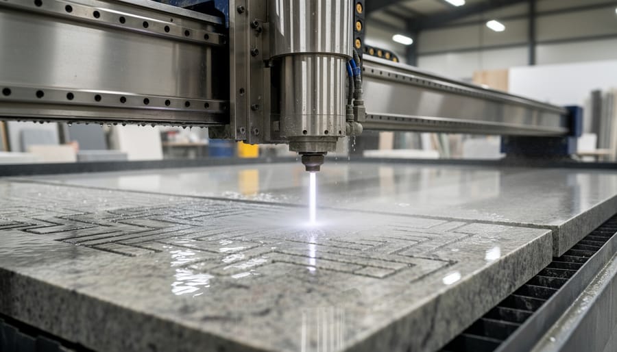CNC waterjet machine cutting precise geometric pattern in white marble