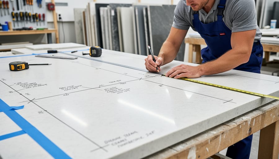 Fabricator measuring and planning seam placement on marble slab