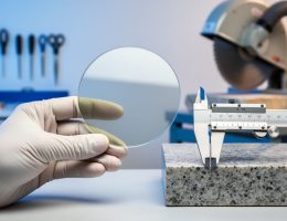 Gloved hand holding a reflective silicon wafer next to a polished granite sample and calipers on a clean bench, with a softly blurred background showing cleanroom tools on one side and a stone-cutting saw with dust extraction on the other.