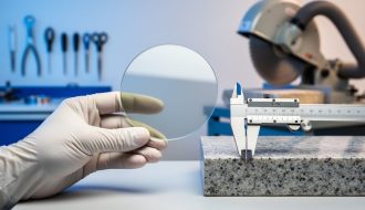 Gloved hand holding a reflective silicon wafer next to a polished granite sample and calipers on a clean bench, with a softly blurred background showing cleanroom tools on one side and a stone-cutting saw with dust extraction on the other.
