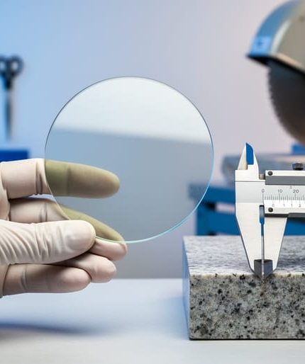 Gloved hand holding a reflective silicon wafer next to a polished granite sample and calipers on a clean bench, with a softly blurred background showing cleanroom tools on one side and a stone-cutting saw with dust extraction on the other.