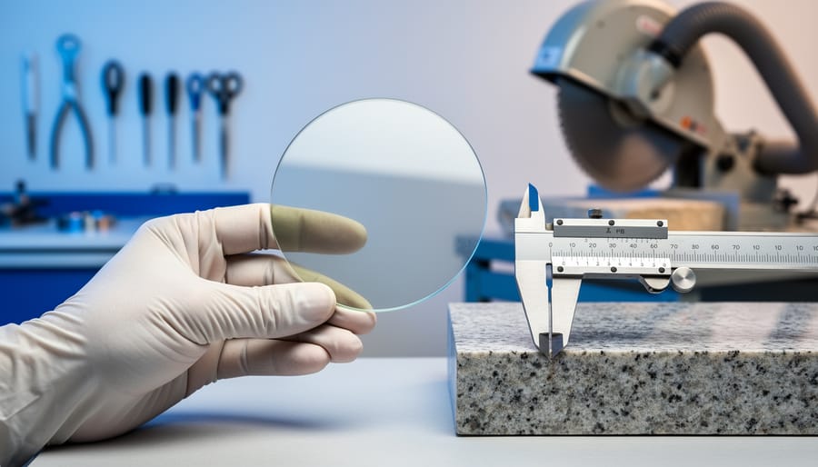 Gloved hand holding a reflective silicon wafer next to a polished granite sample and calipers on a clean bench, with a softly blurred background showing cleanroom tools on one side and a stone-cutting saw with dust extraction on the other.