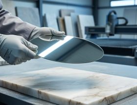 Gloved hand holding a reflective silicon wafer above a polished marble slab on a workbench, with blurred stone slabs and a CNC waterjet in the background under soft, diffused studio lighting.