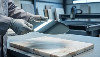 Gloved hand holding a reflective silicon wafer above a polished marble slab on a workbench, with blurred stone slabs and a CNC waterjet in the background under soft, diffused studio lighting.