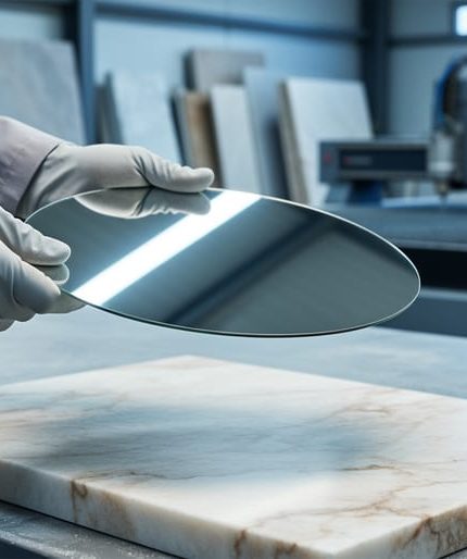 Gloved hand holding a reflective silicon wafer above a polished marble slab on a workbench, with blurred stone slabs and a CNC waterjet in the background under soft, diffused studio lighting.