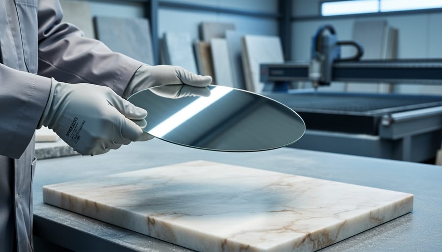 Gloved hand holding a reflective silicon wafer above a polished marble slab on a workbench, with blurred stone slabs and a CNC waterjet in the background under soft, diffused studio lighting.
