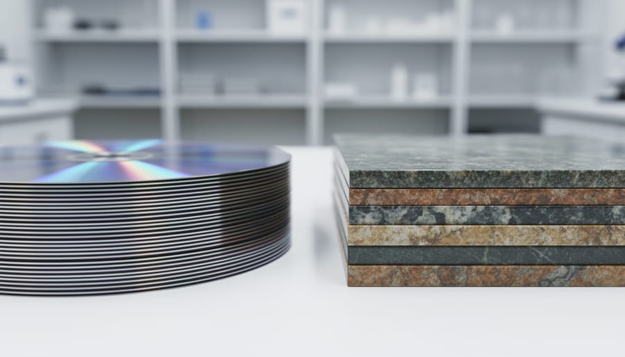 Silicon wafer and polished granite sample showing material comparison
