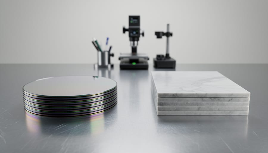 Silicon wafer and polished granite slab showing surface detail and quality