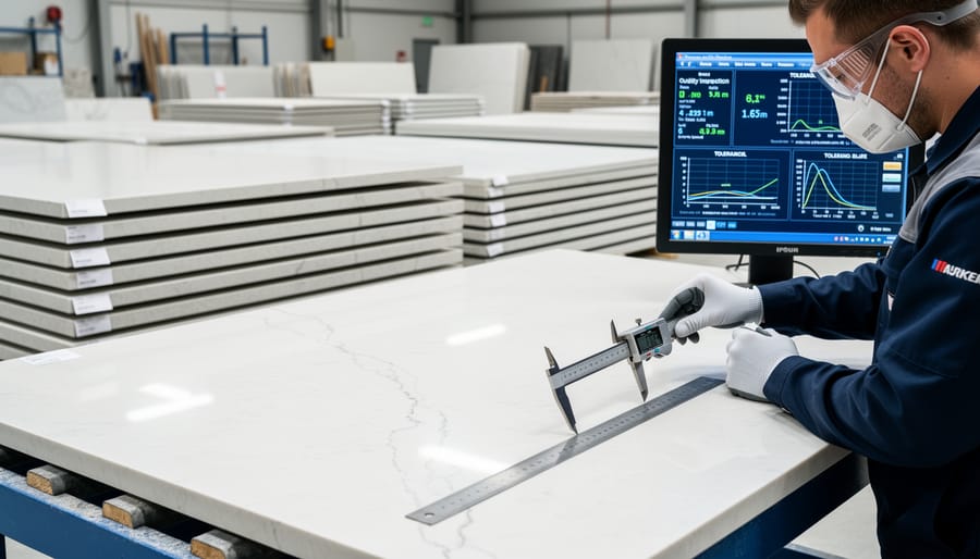 Quality control technician inspecting granite surface with precision measuring tools