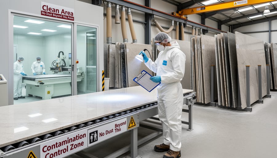 Technician performing detailed quality inspection on polished stone surface in clean fabrication environment