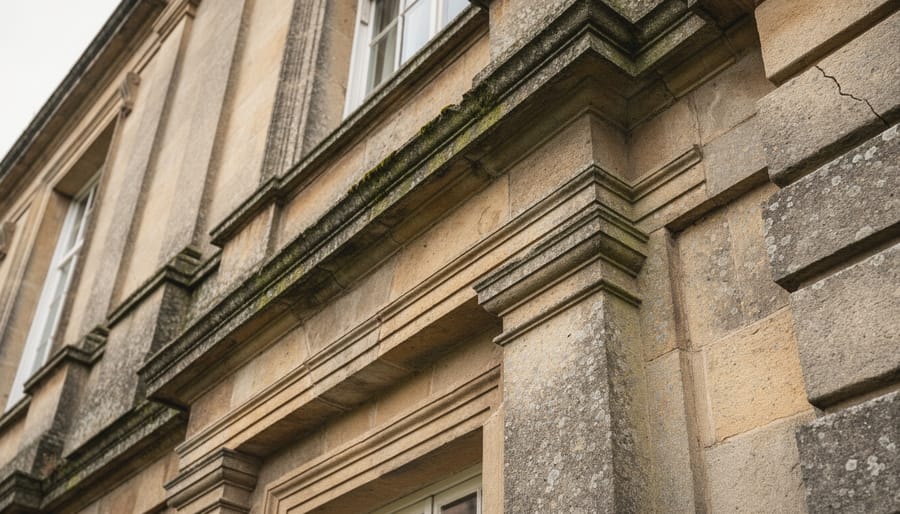 Aged limestone building façade showing natural mineral streaks and weathered patina on the surface