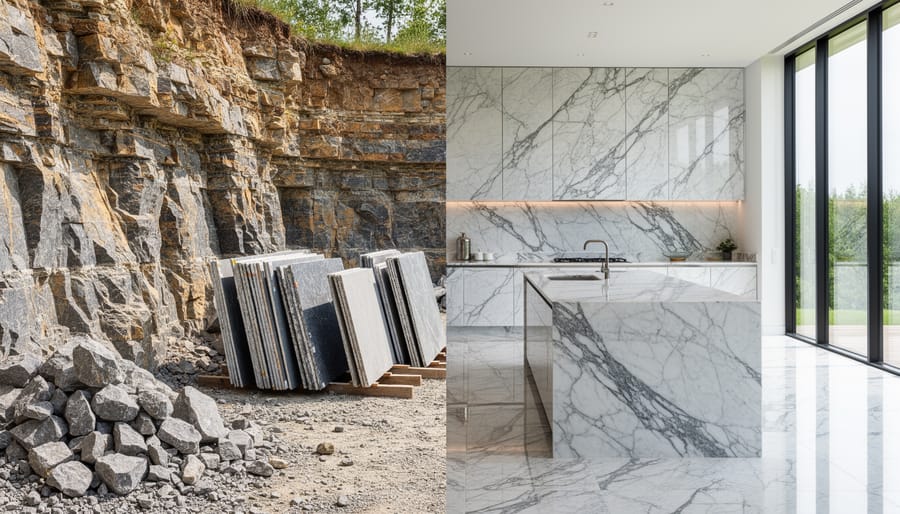 Bathroom vanity and wall cladding made with marble-like stone showing natural veining