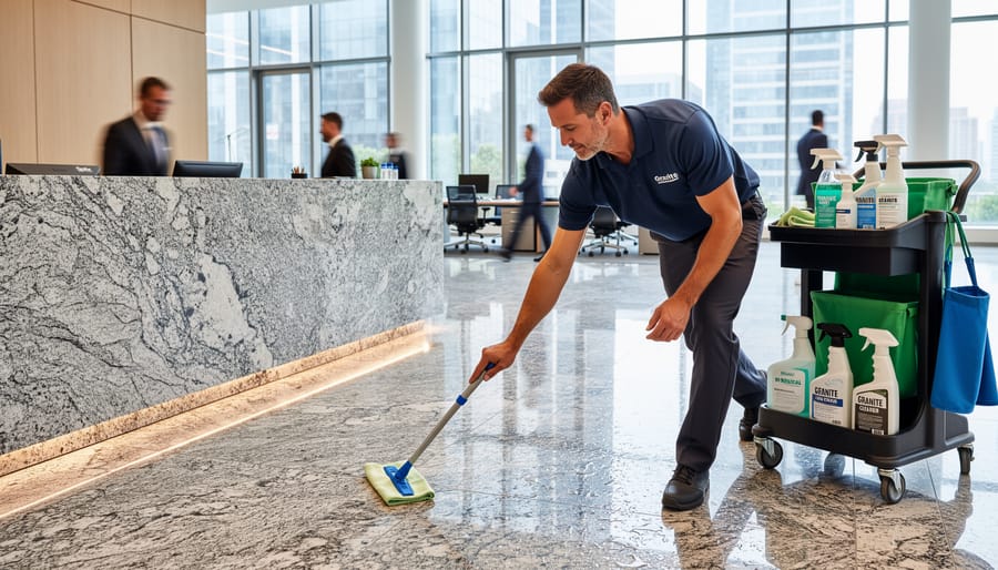 Cleaning supplies and gloves placed beside a polished granite countertop in a commercial setting