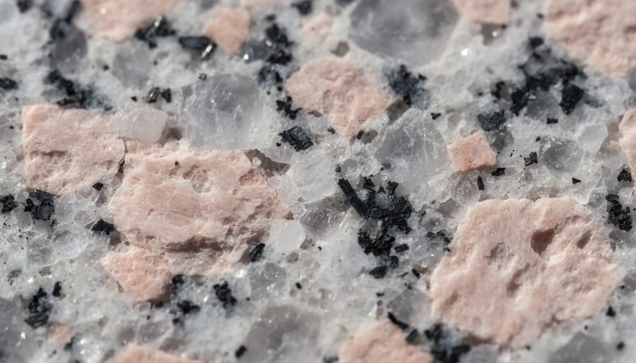 Close-up macro view of granite countertop surface showing quartz, feldspar, and mica crystal texture