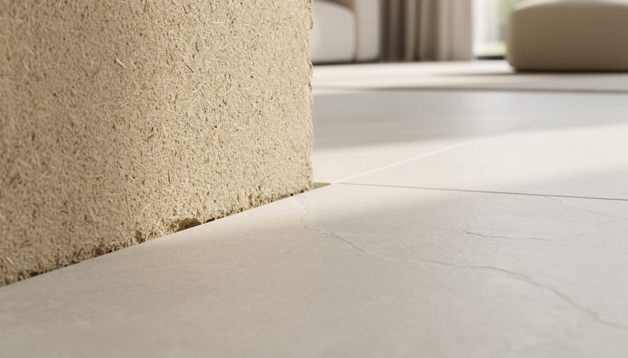 Close-up of a hempcrete wall corner meeting a limestone floor, showing the texture and natural finish at the junction.