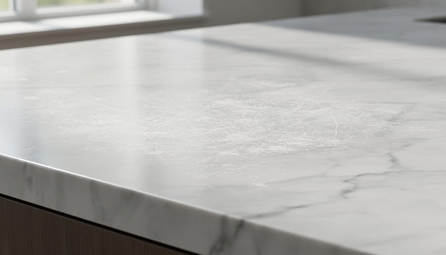 Close-up of a weathered marble sculpture surface showing subtle patina and gentle surface etching