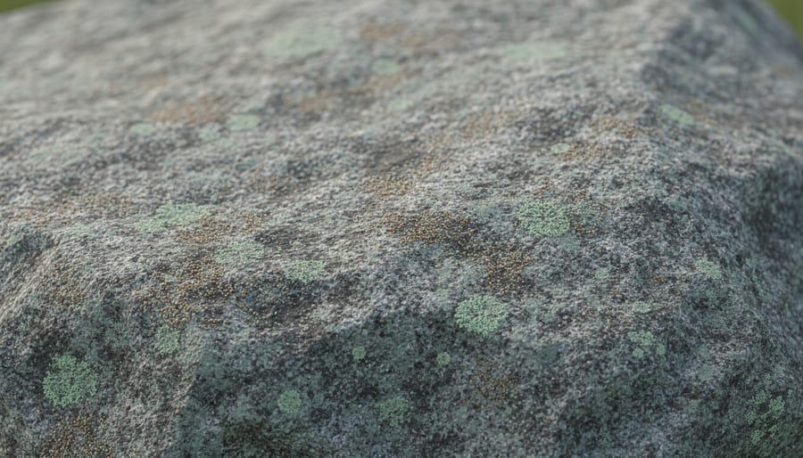 Close-up of granite surface showing subtle oxidation and small lichen growth patterns