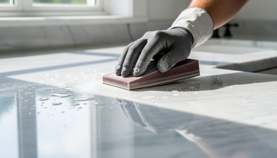 Close-up of wet sanding and water on a marble surface during etching repair