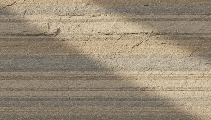 Close-up view of layered sedimentary rock samples and a natural stone slab on a workbench