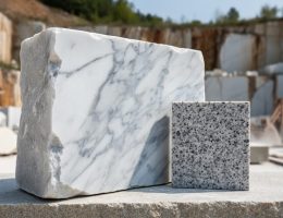 Close-up of a marble block with swirling white veins beside a granite sample, photographed in soft natural light with a blurred quarry background.