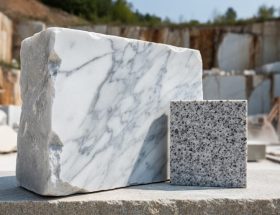Close-up of a marble block with swirling white veins beside a granite sample, photographed in soft natural light with a blurred quarry background.