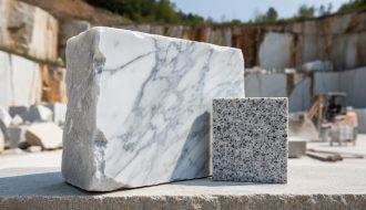 Close-up of a marble block with swirling white veins beside a granite sample, photographed in soft natural light with a blurred quarry background.