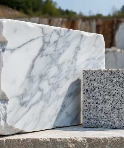 Close-up of a marble block with swirling white veins beside a granite sample, photographed in soft natural light with a blurred quarry background.