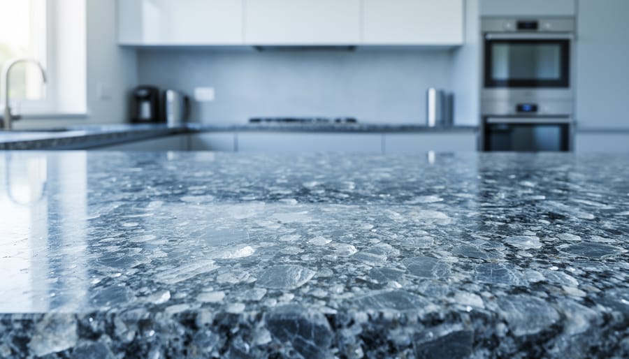 Close-up of a polished granite countertop showing detailed crystalline mineral texture in a clean kitchen setting.