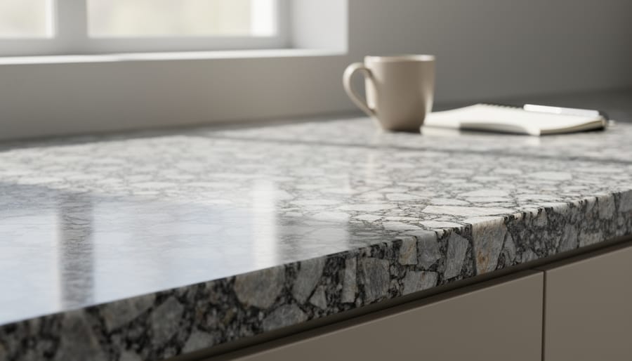 Granite countertop close-up showing crystalline texture and polished stone edge