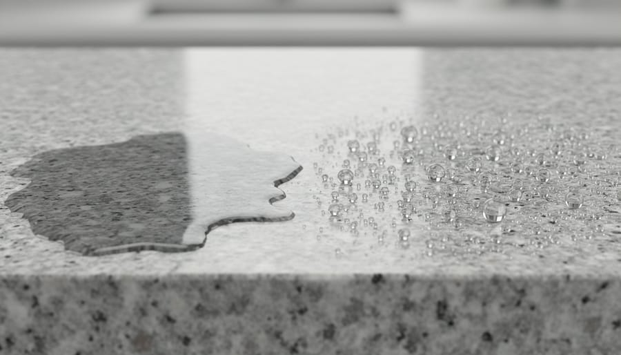 Granite surface showing water beading and darker wetting areas on adjacent polished slabs
