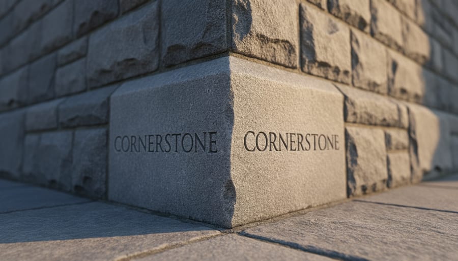 Ground-level view of a historic religious building’s cornerstone set into stone masonry