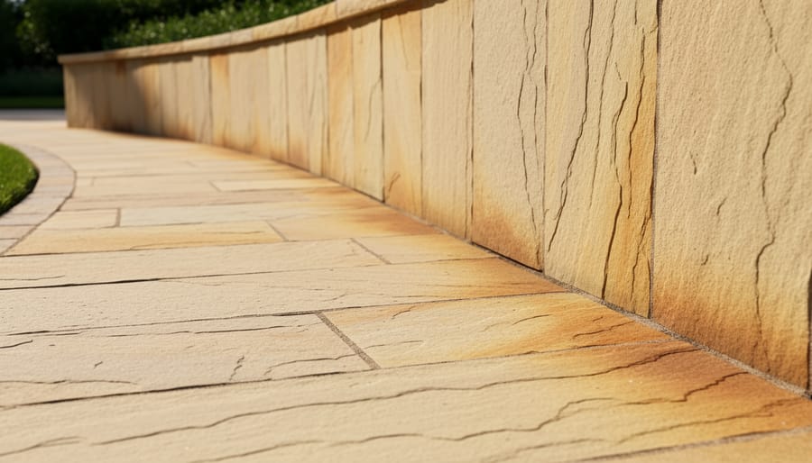 Ground-level view of sandstone walkway showing warm iron-oxide staining and weathered texture