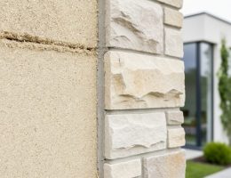 Close-up of a modern sustainable building wall where a pale hemp-lime (hempcrete) surface meets a limestone stone exterior, showing a detailed material junction in natural light.