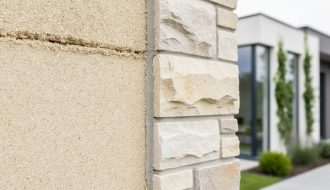 Close-up of a modern sustainable building wall where a pale hemp-lime (hempcrete) surface meets a limestone stone exterior, showing a detailed material junction in natural light.